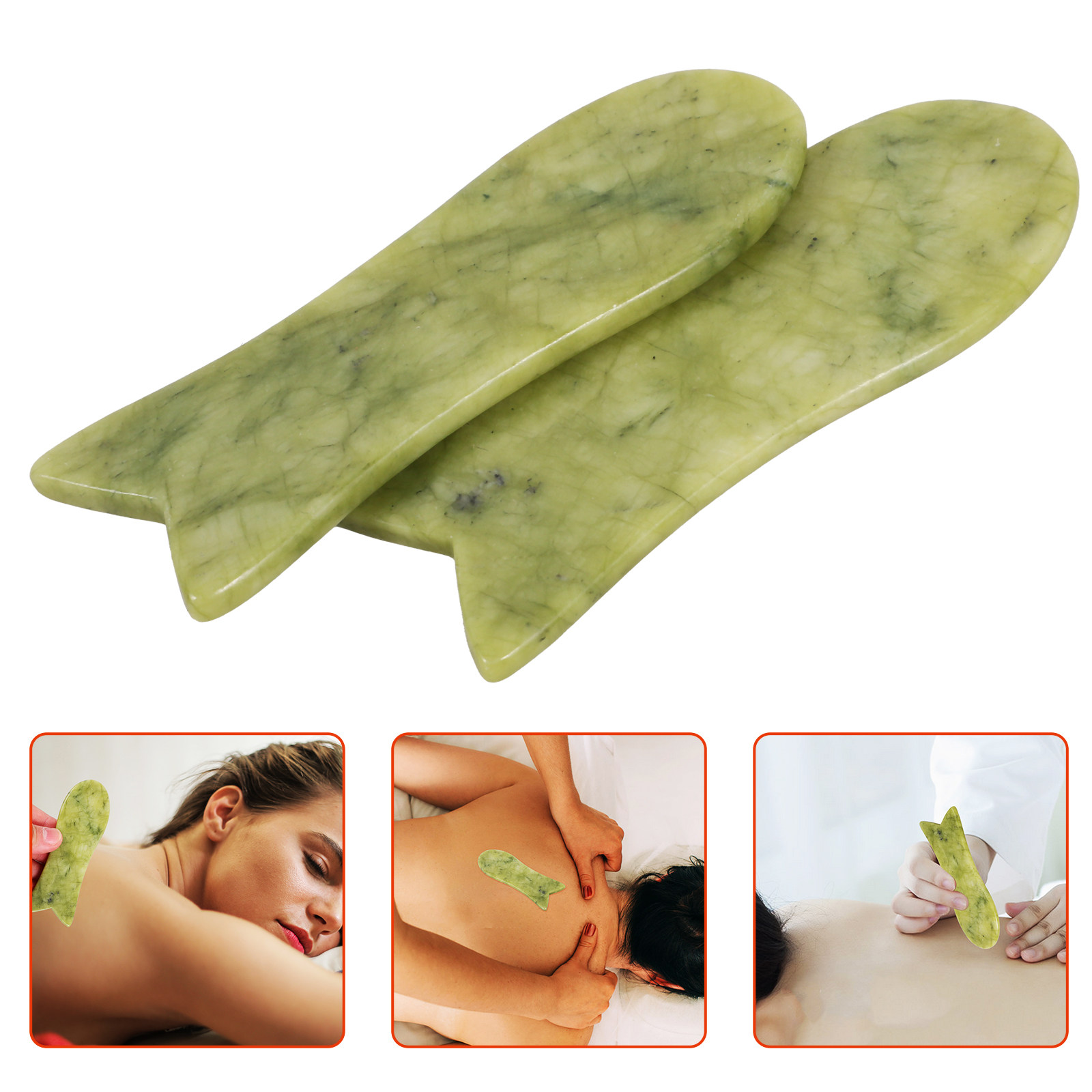 Spa Wellness Massage - แผ่นขูดหน้ากัวซาหยกธรรมชาติ 2 ชิ้น รูปทรงปลา ช่วยกระตุ้นการไหลเวียนโลหิต ผ่อนคลายกล้ามเนื้อ